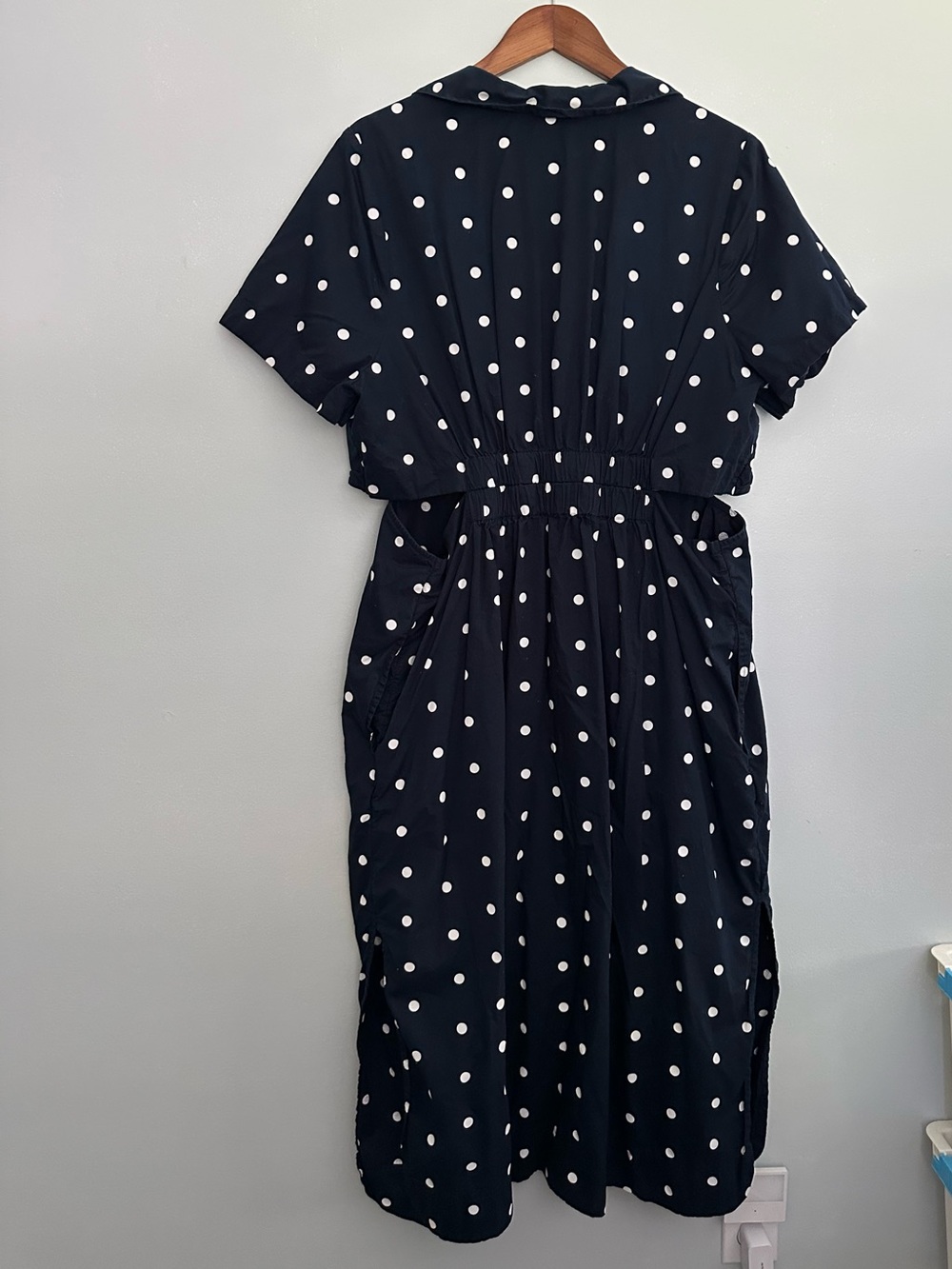 Navy Blue & White Polka Dot Button-Down Midi Dark Cottagecore Coastal Dress - Picture 5 of 9